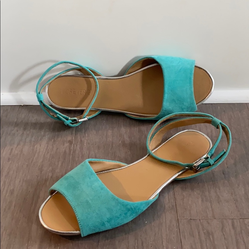 Ankle strap flat teal suede sandals